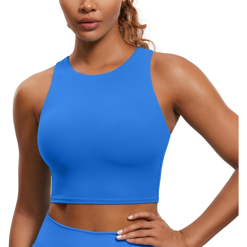 image:imageCRZ YOGA Butterluxe High Neck Crop Tank Tops for Women Racerback Padded Longline Sports Bras WorkoutSparkle Blue