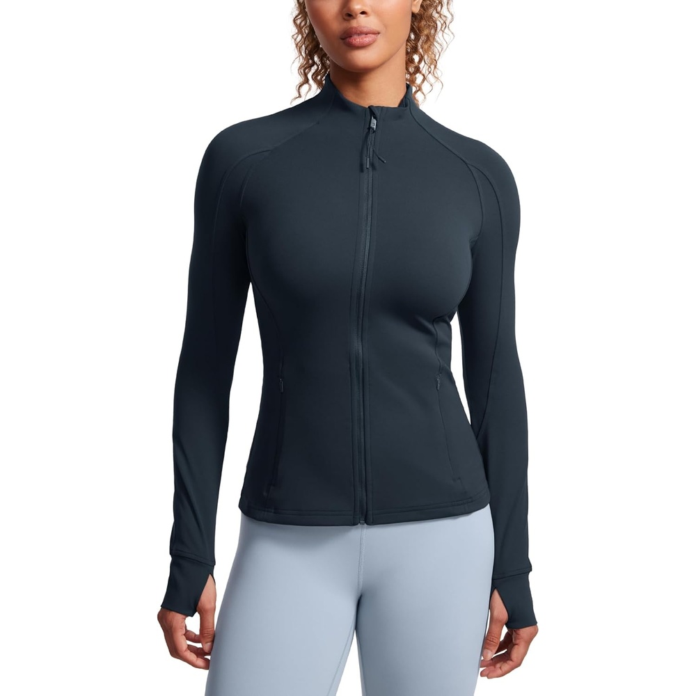 image:imageCRZ YOGA Butterluxe Hip Length Jackets for Women  Full Zip Athletic Track Tops with Thumb Holes PocketsTrue Navy