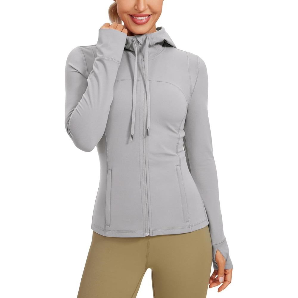 image:imageCRZ YOGA Butterluxe Hooded Athletic Jackets for Women  Full Zip Track Casual Tops with Thumb Holes PocketsGull Gray