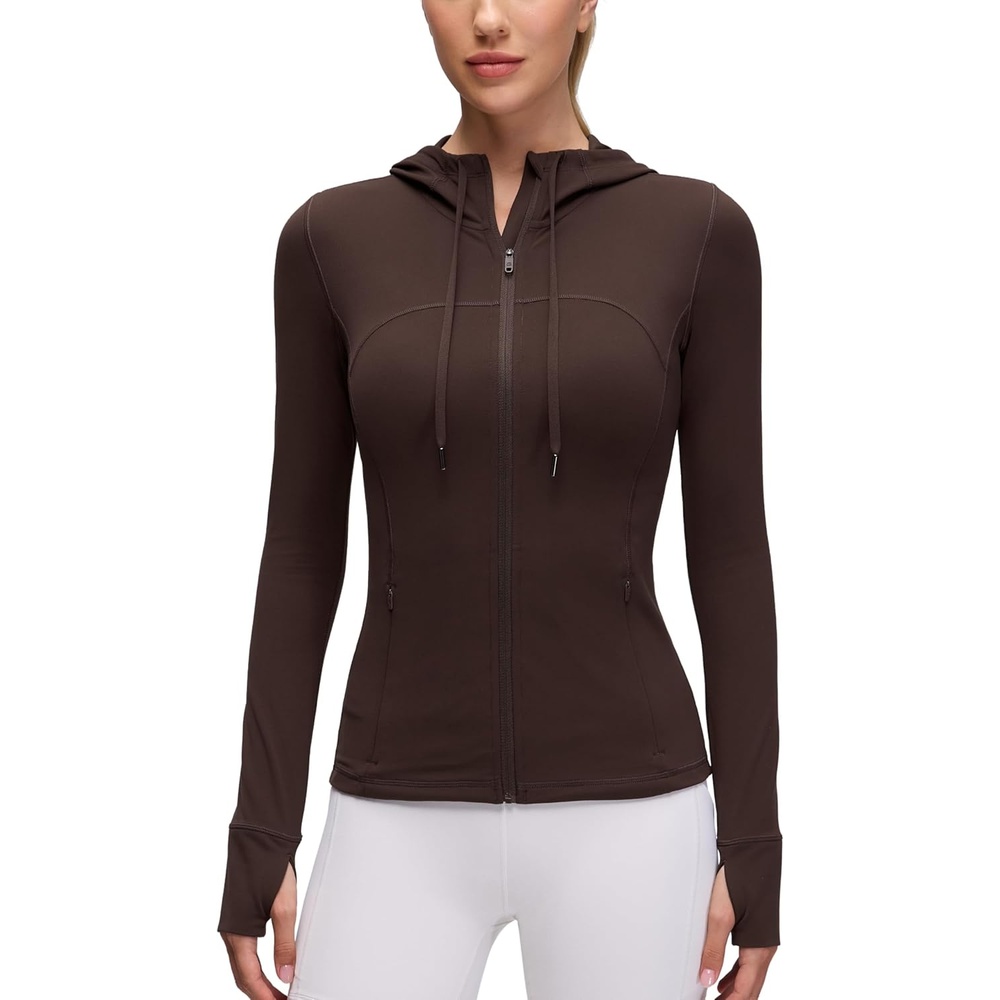 image:imageCRZ YOGA Butterluxe Hooded Athletic Jackets for Women Full Zip Track Casual Tops with Thumb Holes PocketsHot Fudge Brown