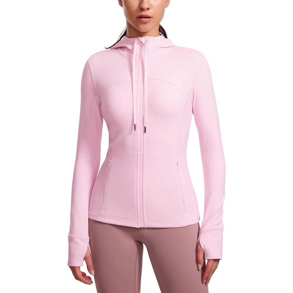 image:imageCRZ YOGA Butterluxe Hooded Athletic Jackets for Women Full Zip Track Casual Tops with Thumb Holes PocketsPink Peony