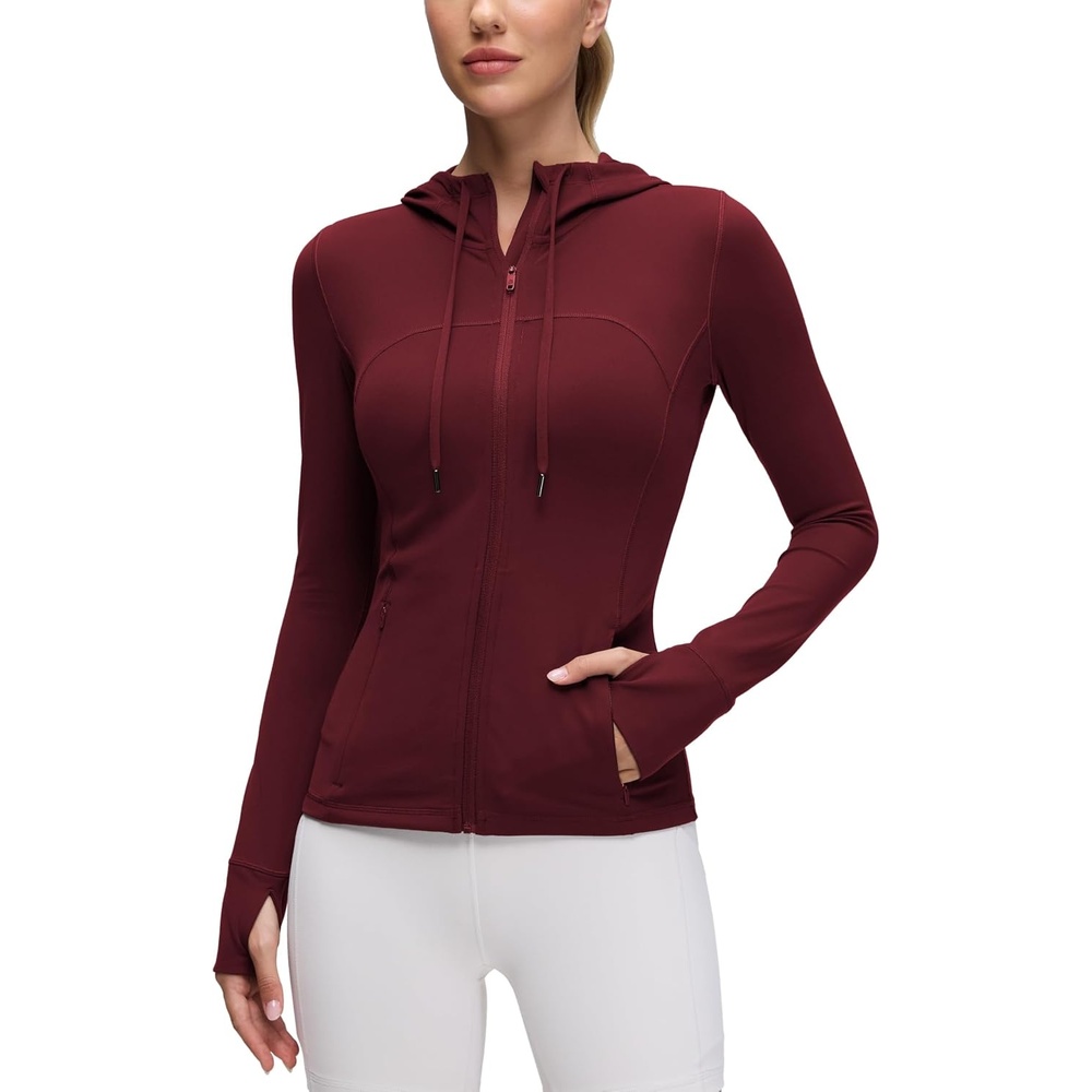 image:imageCRZ YOGA Butterluxe Hooded Athletic Jackets for Women  Full Zip Track Casual Tops with Thumb Holes PocketsRed Merlot