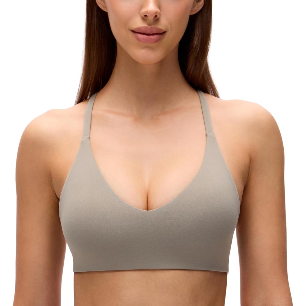 image:imageCRZ YOGA Butterluxe Low Coverage V Neck Sports Bras for Women Spaghetti Straps Racerback Padded Yoga TopWarm Ash Grey