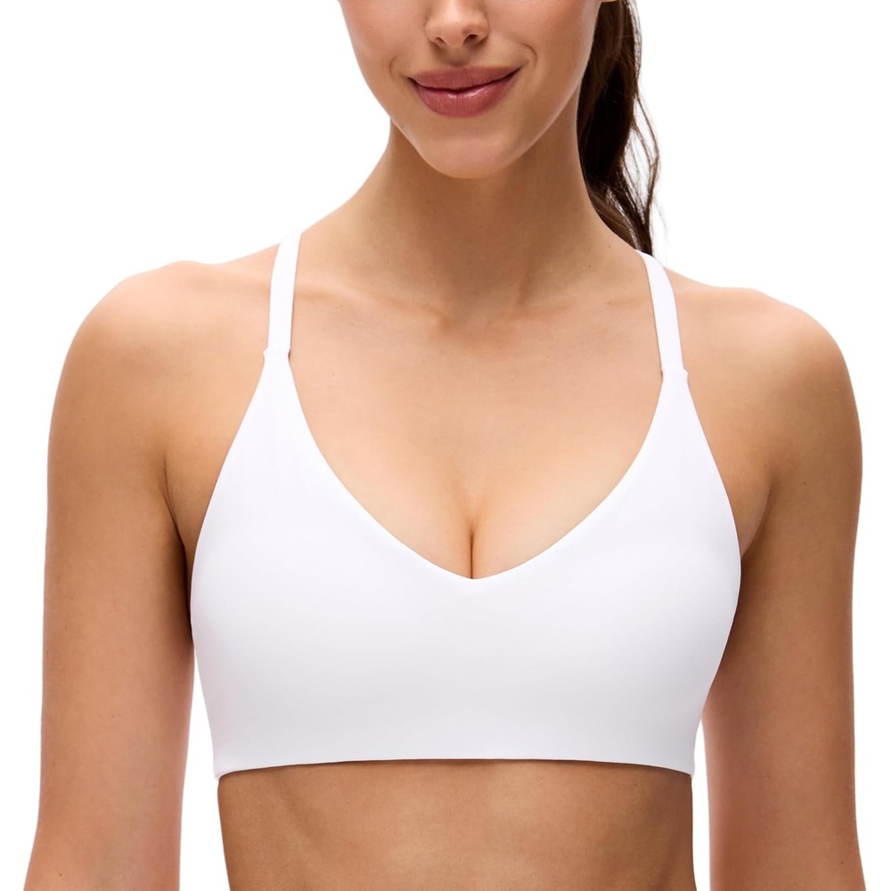 image:imageCRZ YOGA Butterluxe Low Coverage V Neck Sports Bras for Women Spaghetti Straps Racerback Padded Yoga TopWhite