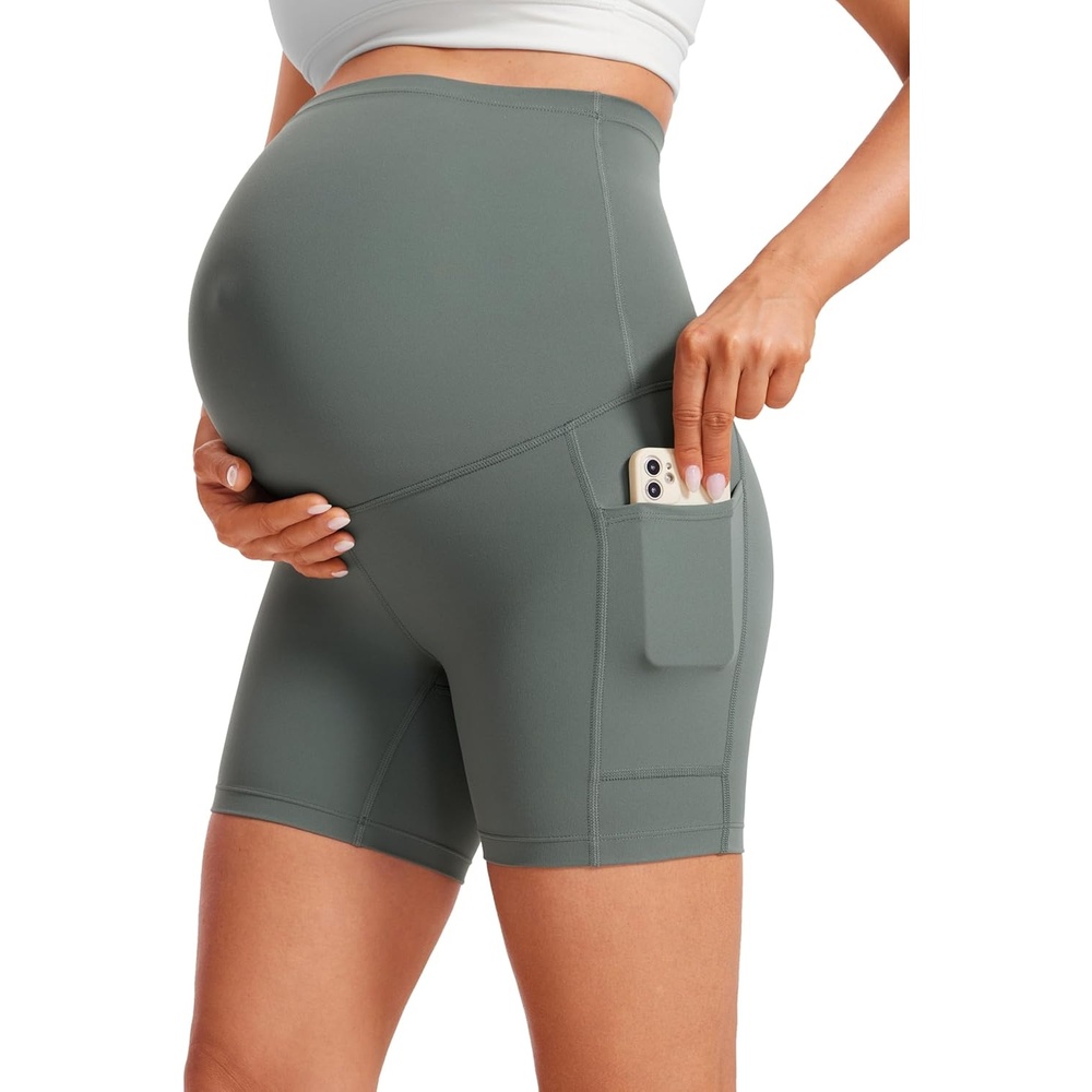image:imageCRZ YOGA Butterluxe Maternity Biker Shorts Pockets 5 Over The Belly Pregnancy Womens Yoga Workout Athletic Buttery SoftGrey Sage