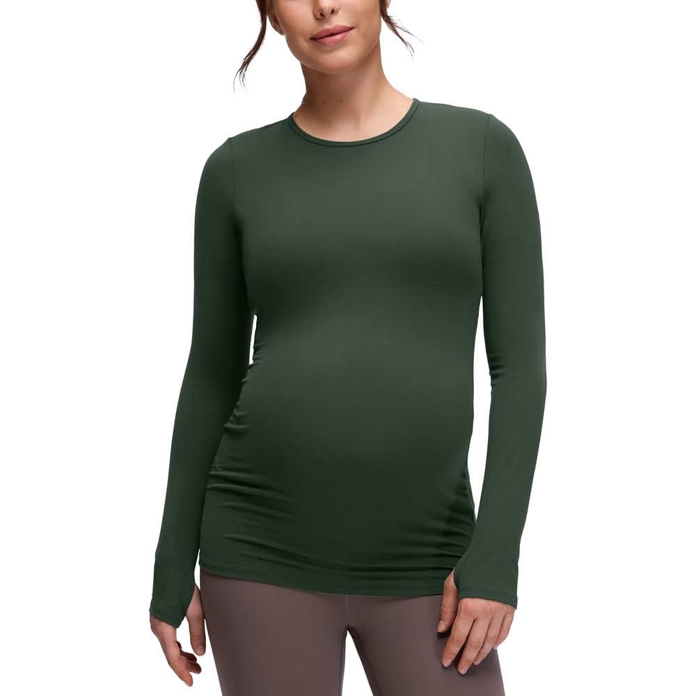 image:imageCRZ YOGA Butterluxe Maternity Crewneck Long Sleeve Shirts Athletic Yoga Casual Pregnancy Womens Tee Tops Basic Layer SoftLegend Green