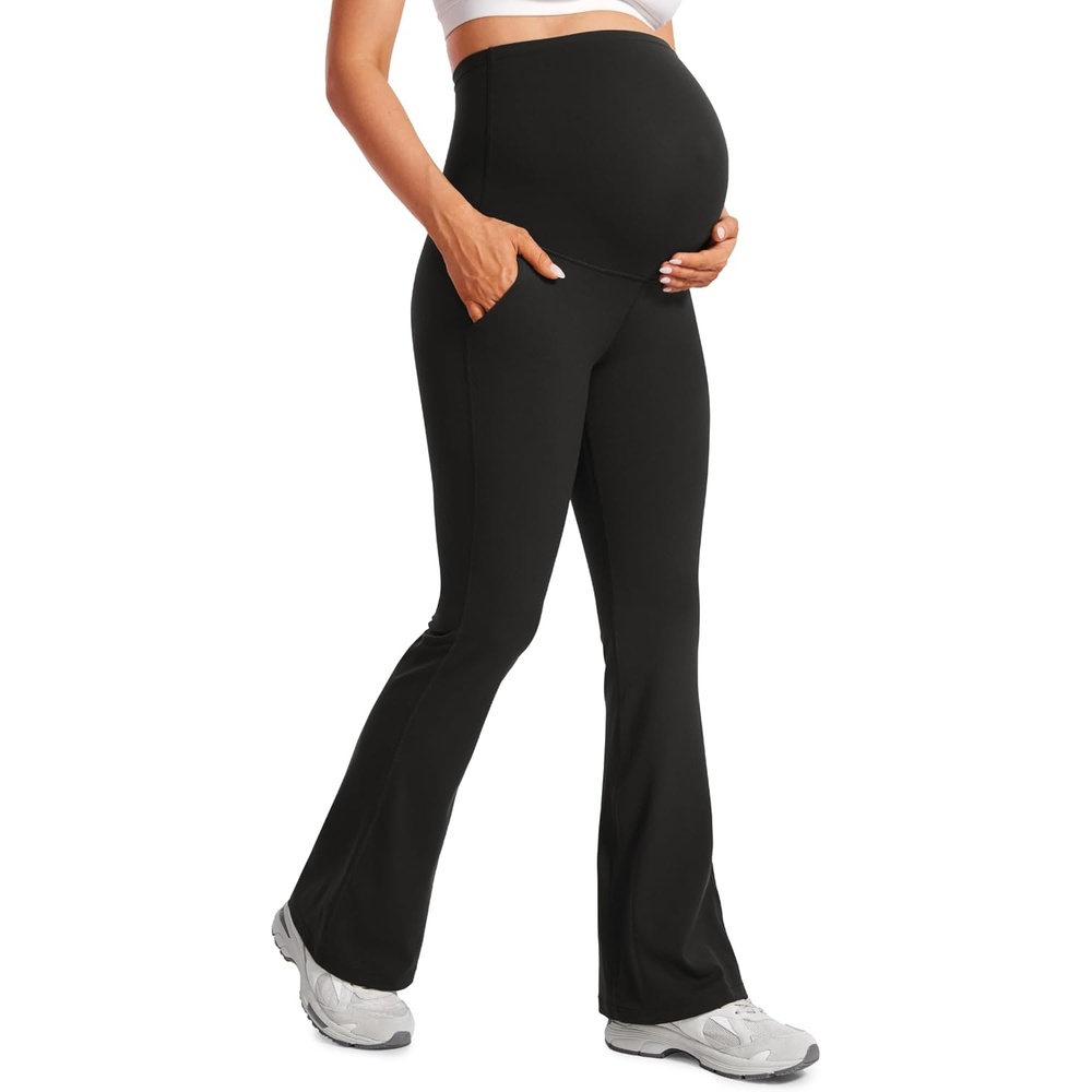 image:imageCRZ YOGA Butterluxe Maternity Flare Leggings Pockets 31  Workout Yoga Bootcut Pregnancy Womens Pants Over The BellyBlack
