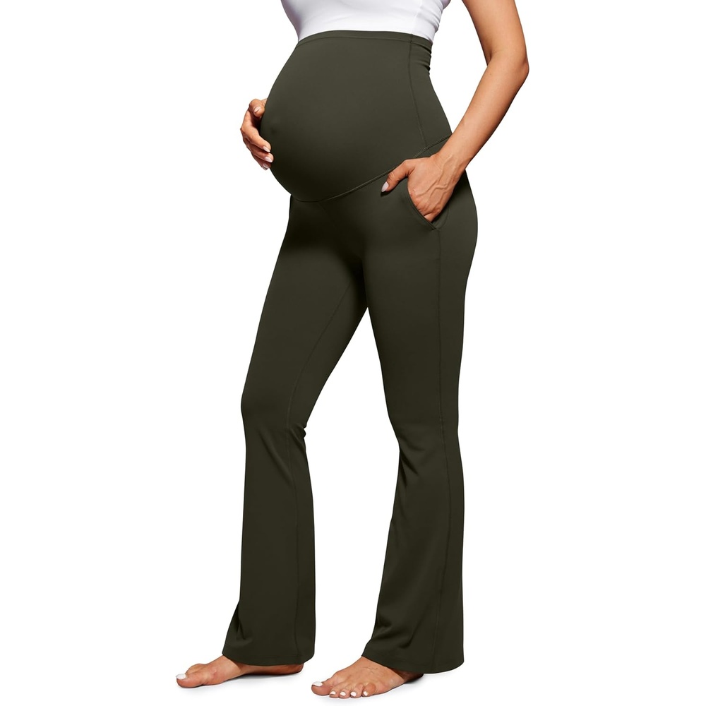 image:imageCRZ YOGA Butterluxe Maternity Flare Leggings Pockets 31 Workout Yoga Bootcut Pregnancy Womens Pants Over The BellyOlive Green