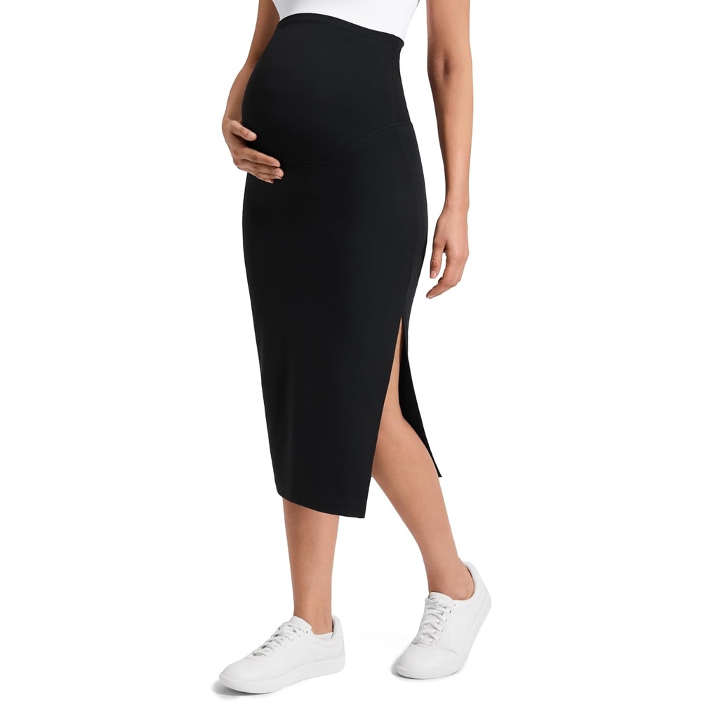 image:imageCRZ YOGA Butterluxe Maternity Side Split Midi Skirt Bodycon Womens Pregnancy Casual Pencil Over The Belly Stretchy SoftBlack