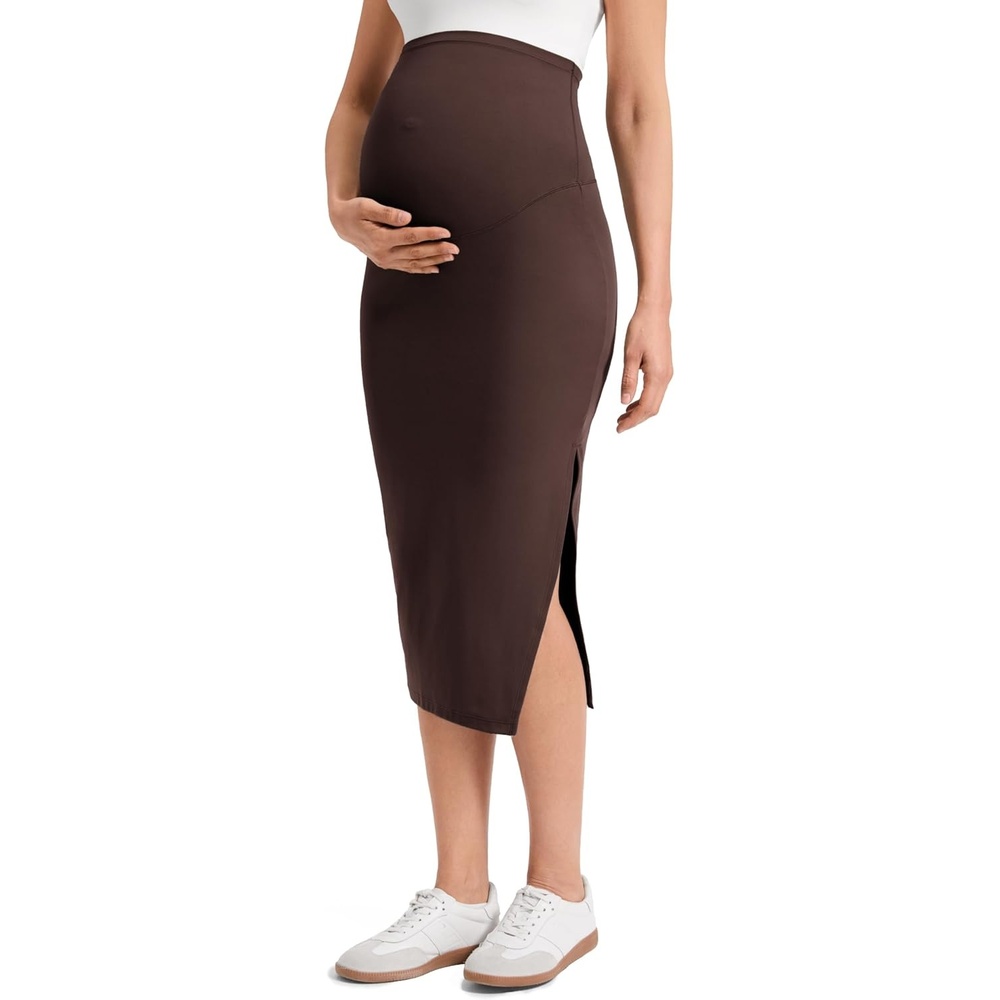 image:imageCRZ YOGA Butterluxe Maternity Side Split Midi Skirt Bodycon Womens Pregnancy Casual Pencil Over The Belly Stretchy SoftHot Fudge Brown