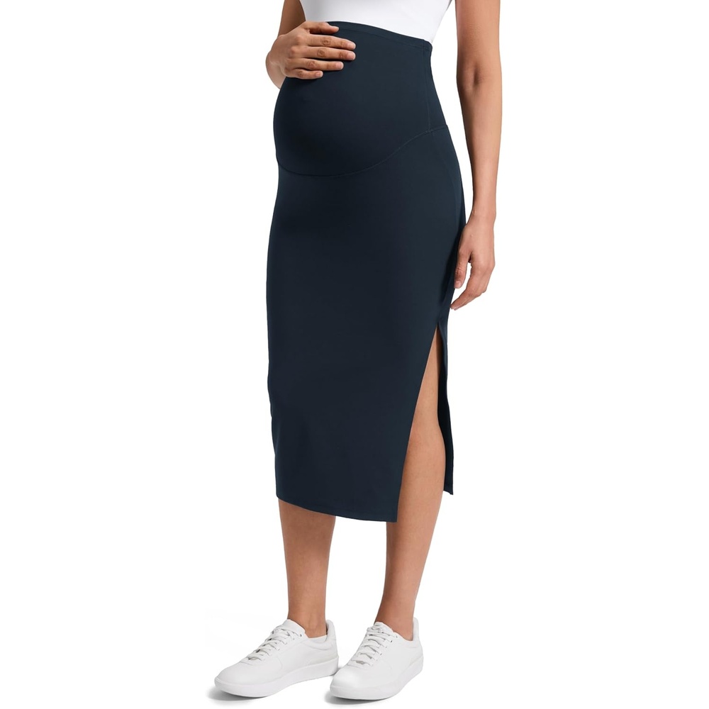 image:imageCRZ YOGA Butterluxe Maternity Side Split Midi Skirt Bodycon Womens Pregnancy Casual Pencil Over The Belly Stretchy SoftTrue Navy