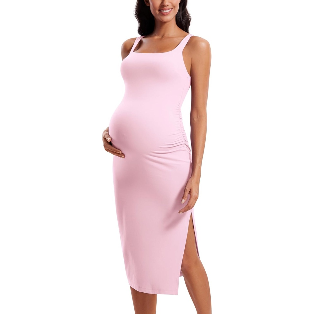 image:imageCRZ YOGA Butterluxe Maternity Square Neck Midi Dress Split Ruched Tanks Womens Pregnancy Bodycon Casual Baby ShowerPink Peony