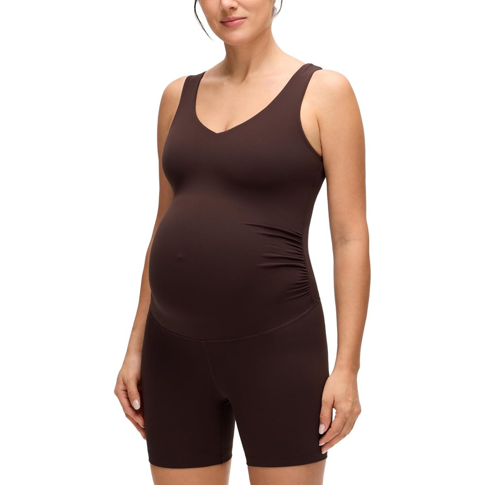 image:imageCRZ YOGA Butterluxe Maternity V Neck Workout Romper Casual Sleeveless Shorts Jumpsuit Pregnancy Womens One Piece BodysuitHot Fudge Brown