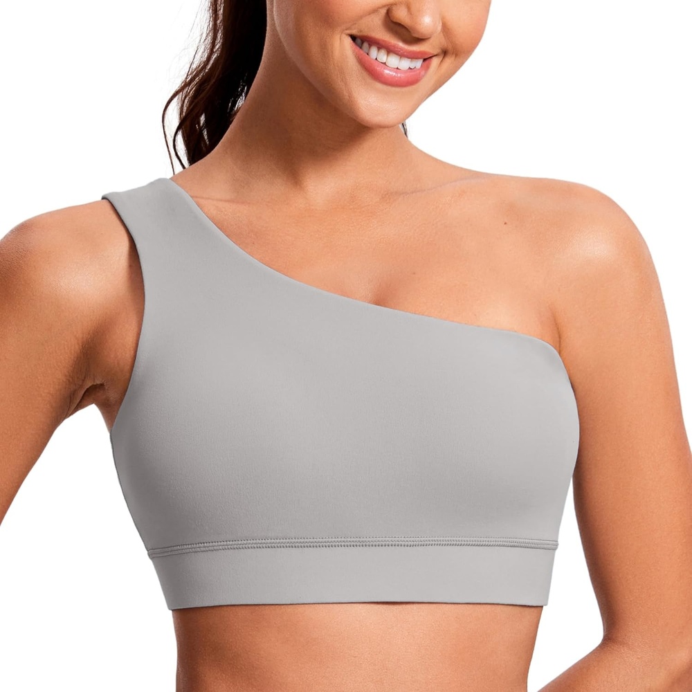 image:imageCRZ YOGA Butterluxe One Shoulder Sports Bras for Women Sleeveless One Strap Low Impact Asymmetrical Workout Yoga TopsGull Gray