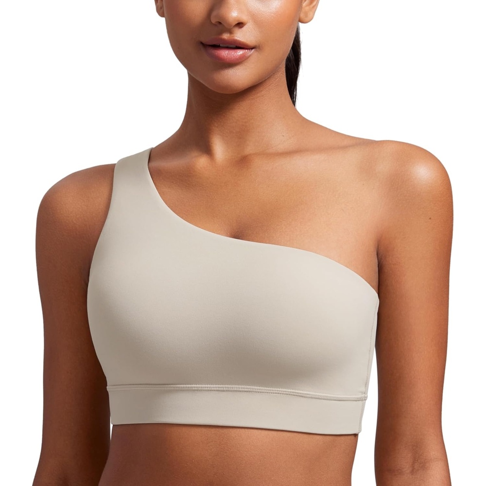 image:imageCRZ YOGA Butterluxe One Shoulder Sports Bras for Women Sleeveless One Strap Low Impact Asymmetrical Workout Yoga TopsMojave Tan