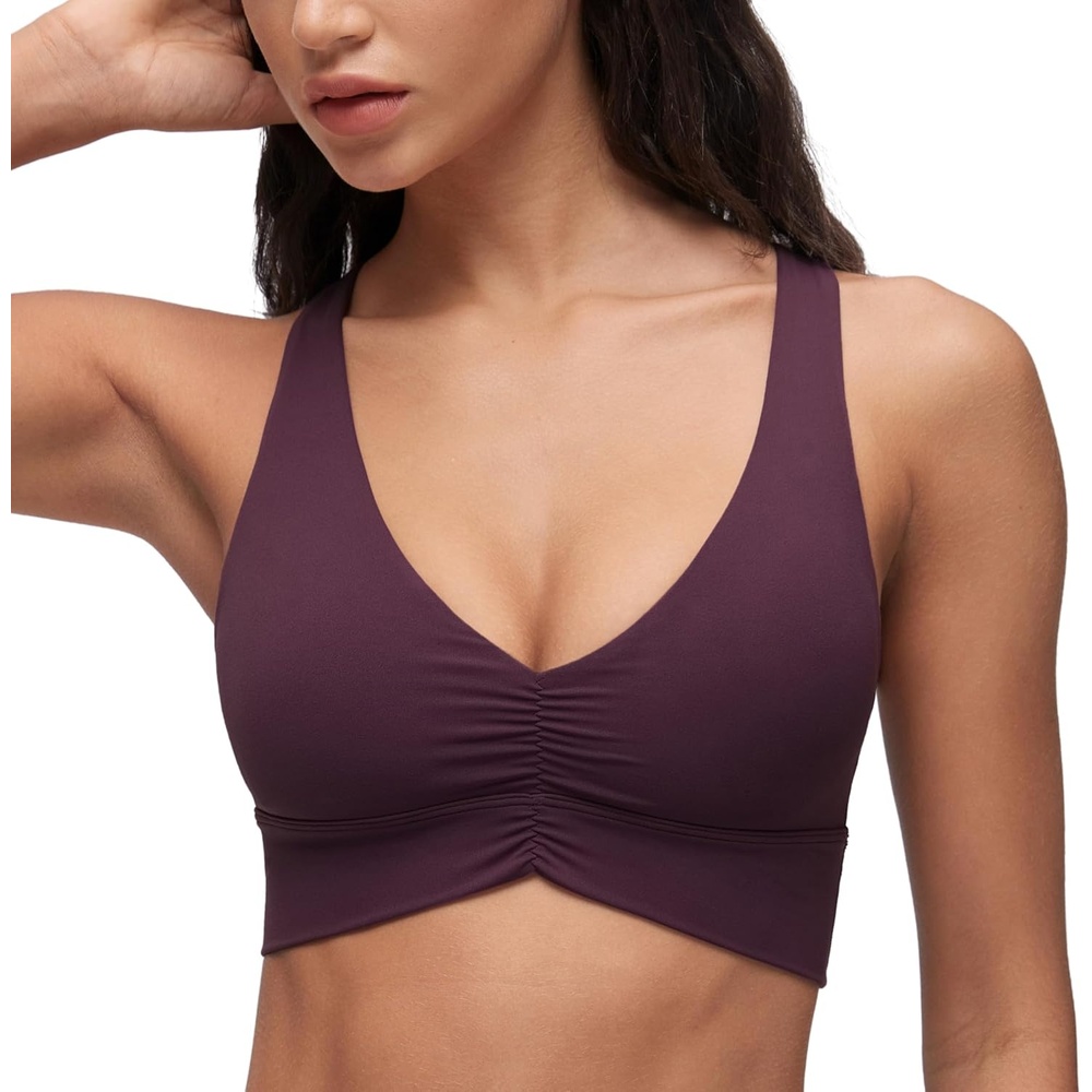 image:imageCRZ YOGA Butterluxe Ruched Longline Sports Bras for Women V Neck Padded Yoga Tank Wide Straps Cross Back Crop TopsDeep Purple
