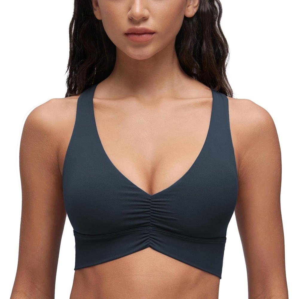image:imageCRZ YOGA Butterluxe Ruched Longline Sports Bras for Women V Neck Padded Yoga Tank Wide Straps Cross Back Crop TopsTrue Navy