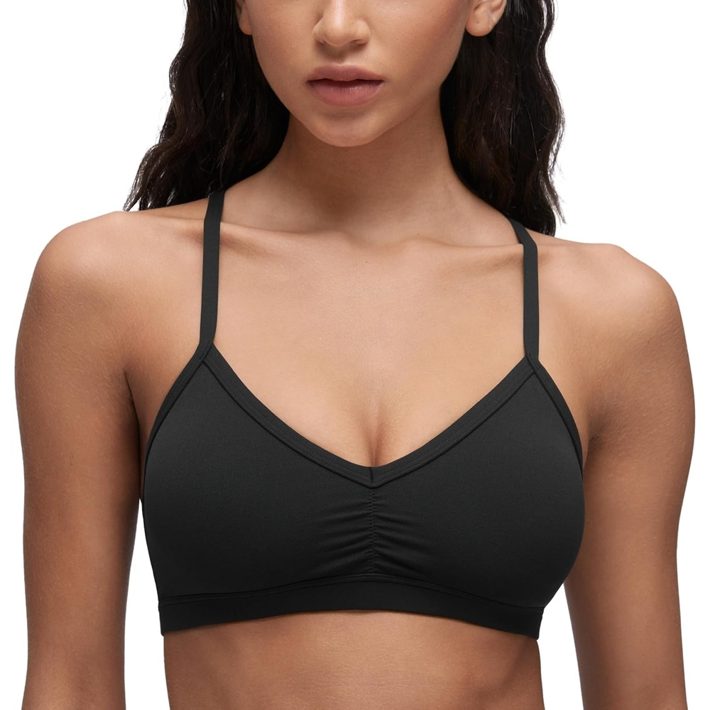 image:imageCRZ YOGA Butterluxe Ruched Sports Bras for Women V Neck Spaghetti Thin Strap Y Back Wireless Padded Yoga Crop TopBlack