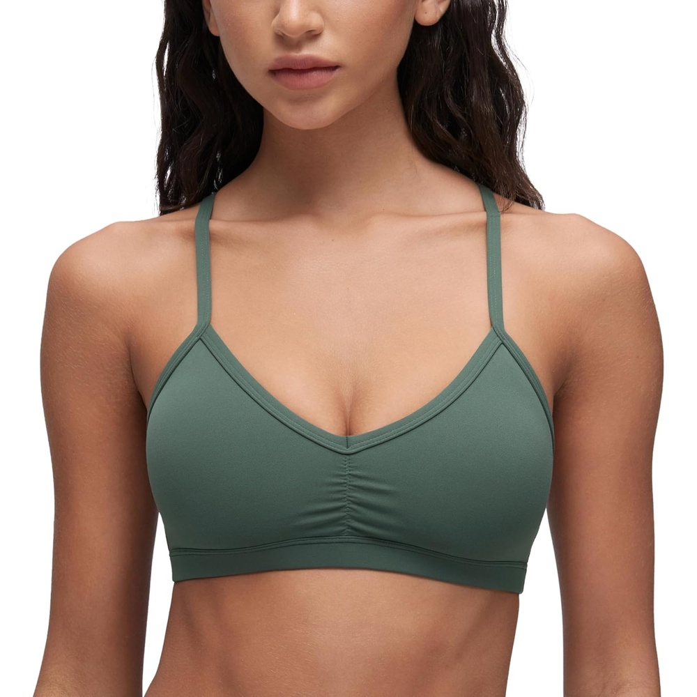 image:imageCRZ YOGA Butterluxe Ruched Sports Bras for Women V Neck Spaghetti Thin Strap Y Back Wireless Padded Yoga Crop TopDark Forest Green