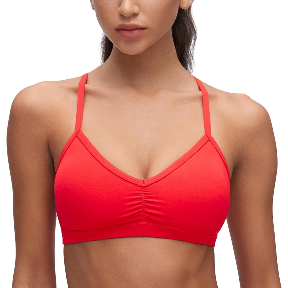 image:imageCRZ YOGA Butterluxe Ruched Sports Bras for Women V Neck Spaghetti Thin Strap Y Back Wireless Padded Yoga Crop TopDeep Red