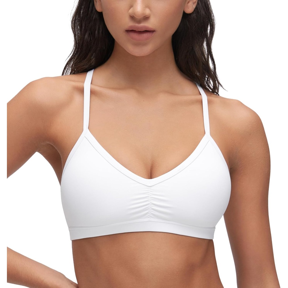 image:imageCRZ YOGA Butterluxe Ruched Sports Bras for Women V Neck Spaghetti Thin Strap Y Back Wireless Padded Yoga Crop TopWhite