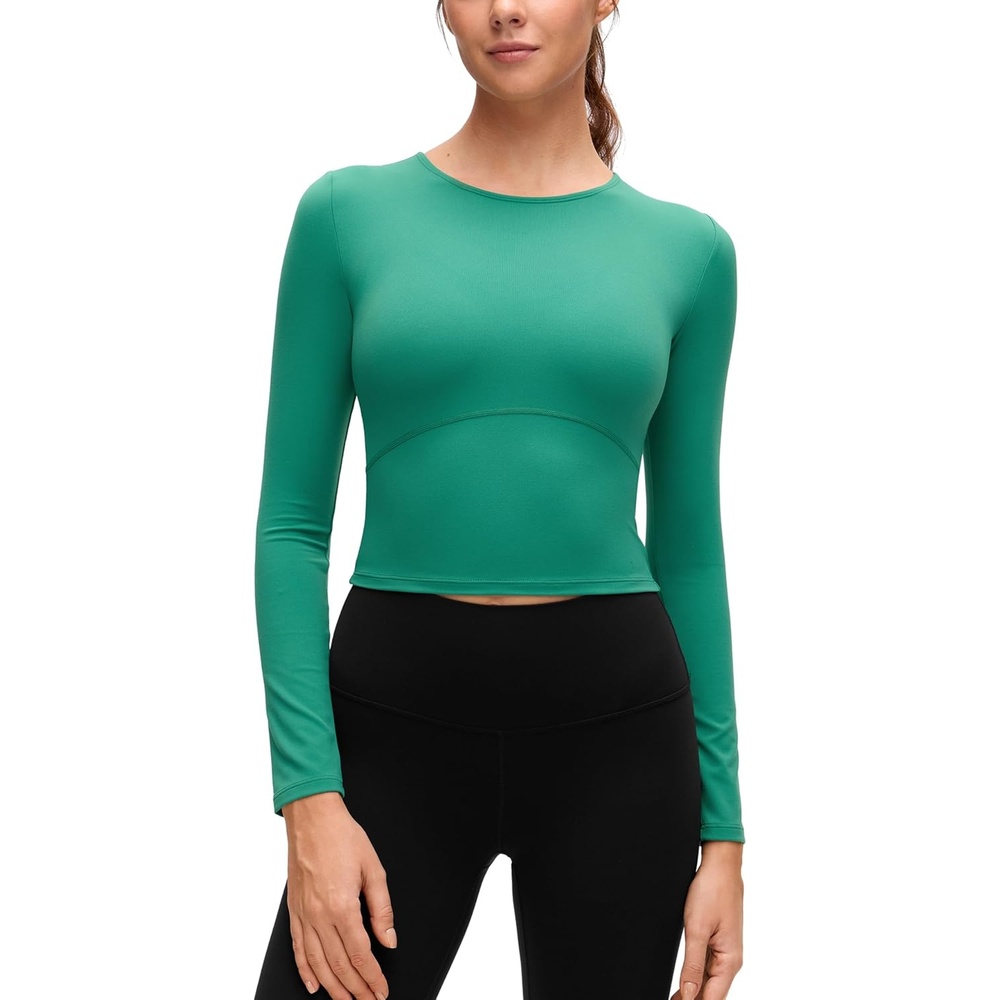 image:imageCRZ YOGA Butterluxe Scoop Neck Long Sleeve Shirts for Women Workout Athletic Casual Tops Crop Slim Basic Tight ShirtCascadia Green