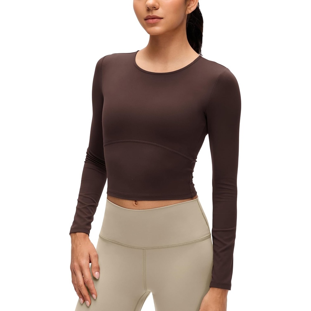 image:imageCRZ YOGA Butterluxe Scoop Neck Long Sleeve Shirts for Women Workout Athletic Casual Tops Crop Slim Basic Tight ShirtHot Fudge Brown