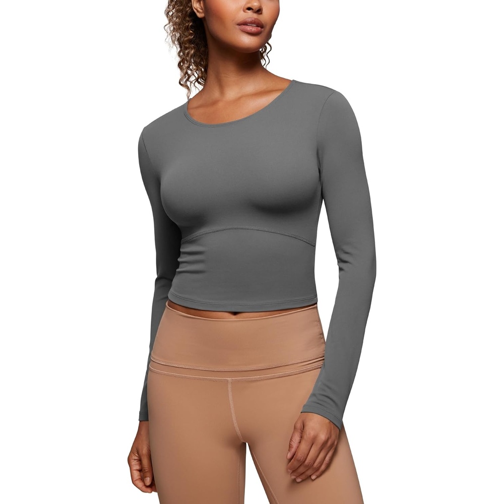 image:imageCRZ YOGA Butterluxe Scoop Neck Long Sleeve Shirts for Women Workout Athletic Casual Tops Crop Slim Basic Tight ShirtLava Smoke Grey