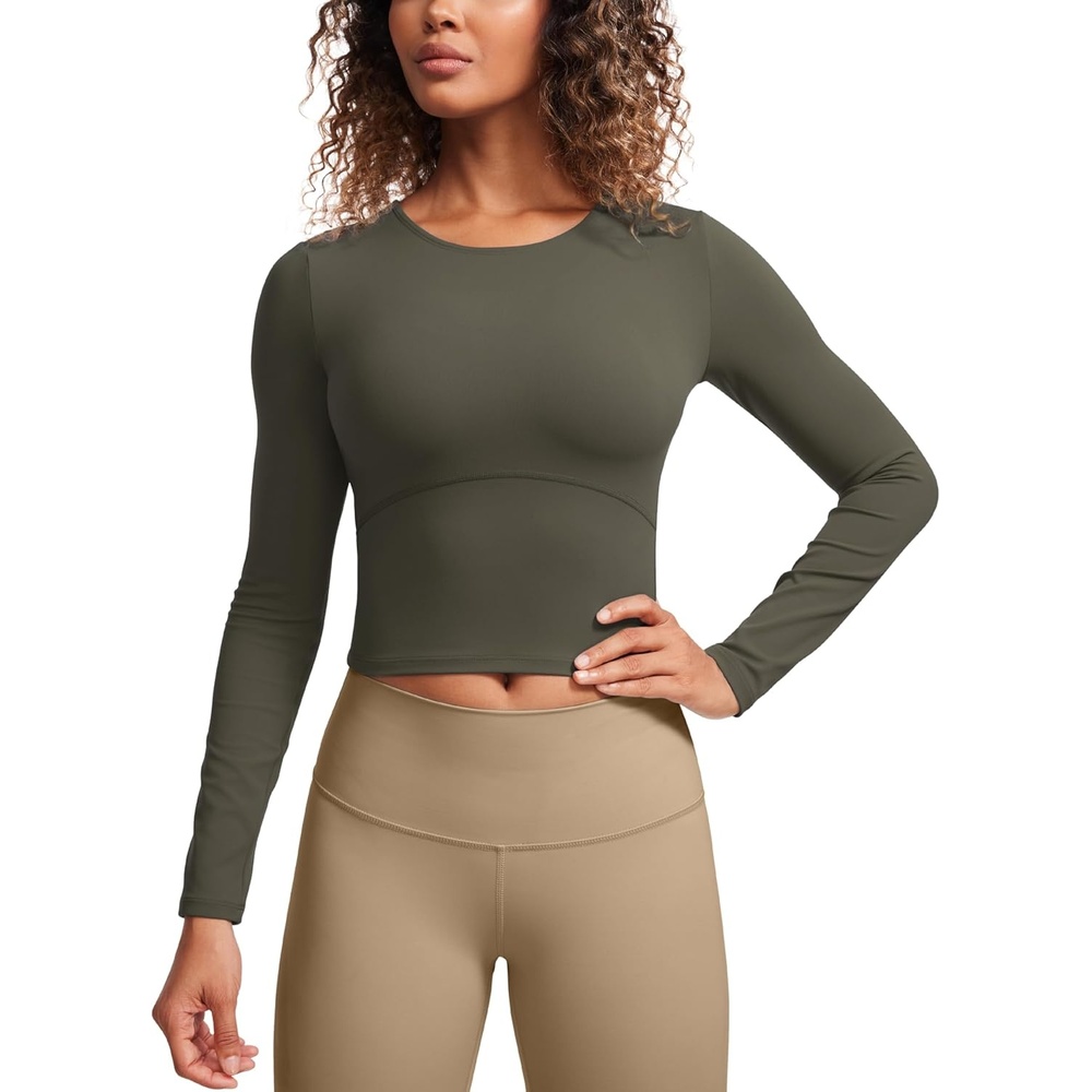 image:imageCRZ YOGA Butterluxe Scoop Neck Long Sleeve Shirts for Women Workout Athletic Casual Tops Crop Slim Basic Tight ShirtLight Army Green