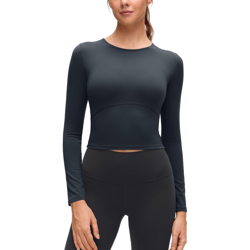 image:imageCRZ YOGA Butterluxe Scoop Neck Long Sleeve Shirts for Women Workout Athletic Casual Tops Crop Slim Basic Tight ShirtTrue Navy