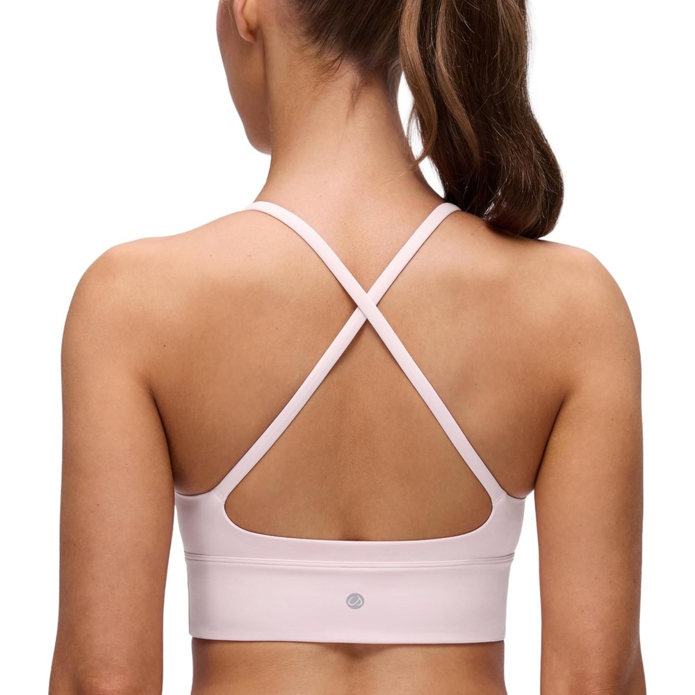 image:imageCRZ YOGA Butterluxe Thin Straps Cross Back Longline Sports Bras for Women Padded V Neck Yoga Crop TopStrawberry Pink