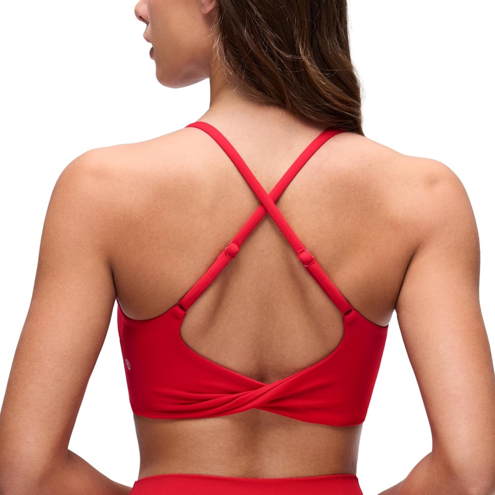 image:imageCRZ YOGA Butterluxe Twist Cross Back Sports Bras for Women U Neck Padded Adjustable Spaghetti Straps Yoga TopAurora Red
