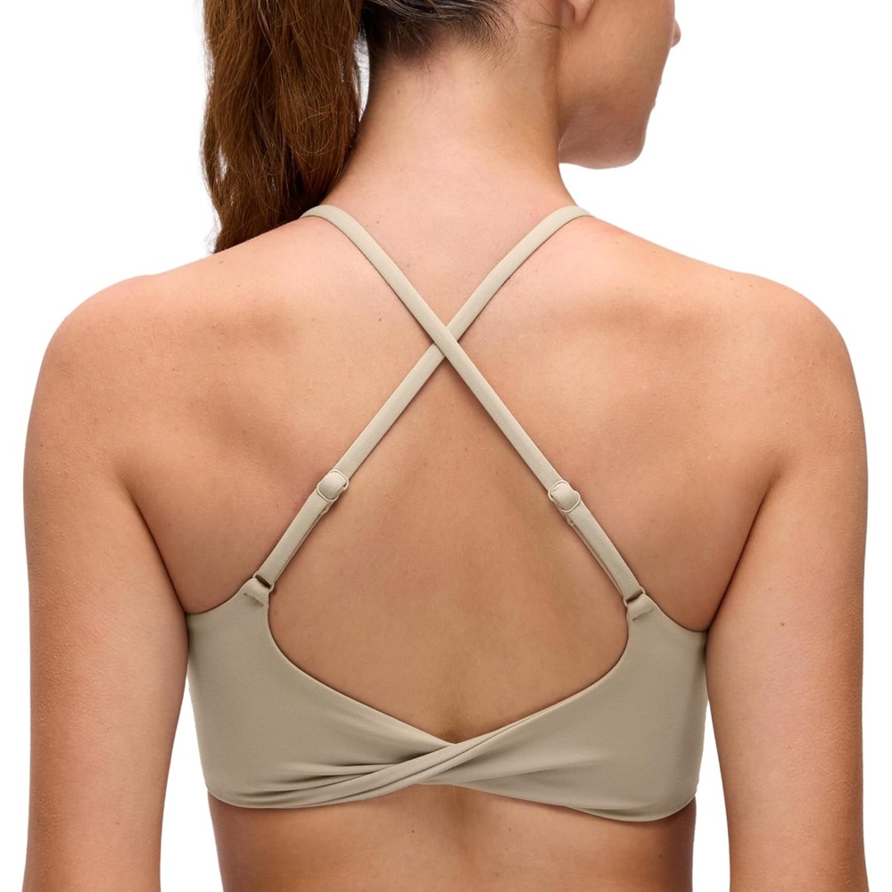 image:imageCRZ YOGA Butterluxe Twist Cross Back Sports Bras for Women U Neck Padded Adjustable Spaghetti Straps Yoga TopOak