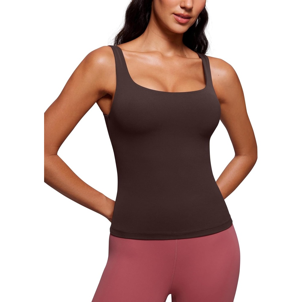 image:imageCRZ YOGA Butterluxe U Neck Tank Tops for Women Padded Athletic Workout Camisole Crop Tops with Built in BraHot Fudge Brown