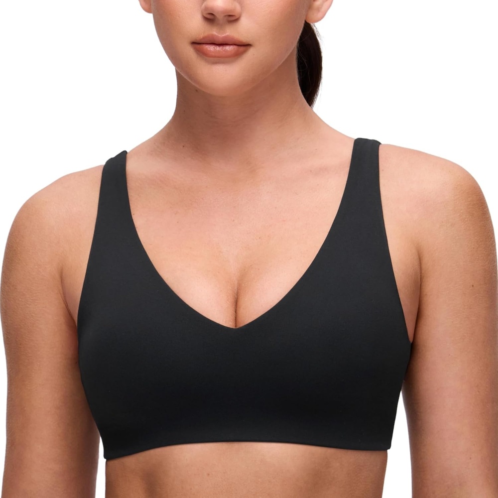 image:imageCRZ YOGA Butterluxe V Neck U Back Sports Bras for Women Low Cut Padded Wireless Basic Yoga TopBlack