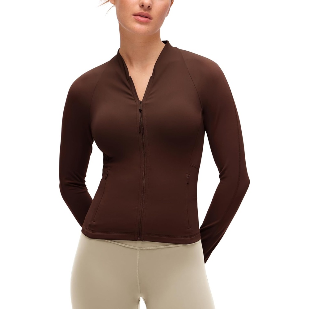 image:imageCRZ YOGA Butterluxe VNeck Jackets for Women  Full Zip Athletic Track Tops with Thumb Holes PocketsLava Brown