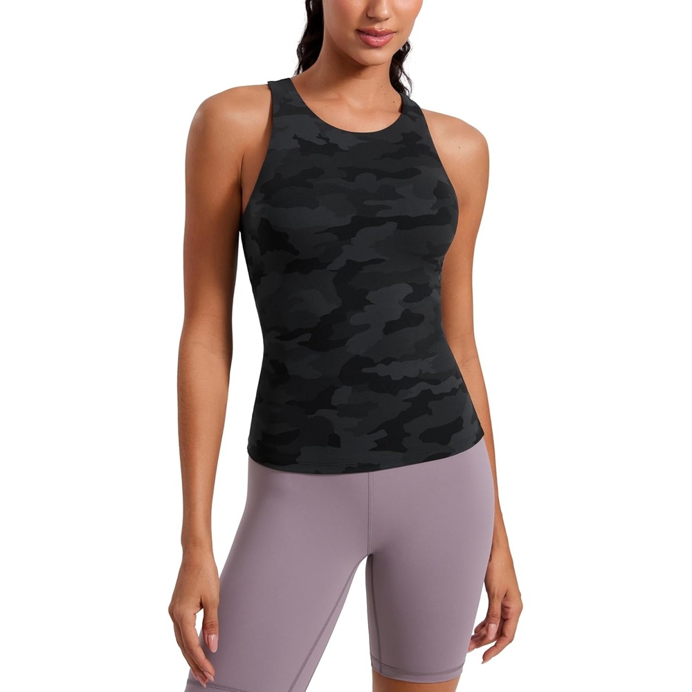 image:imageCRZ YOGA Butterluxe Workout Tank Tops for Women Racerback Padded High Neck Yoga Athletic Shirt with Built in BraDark Grey Camouflage 2