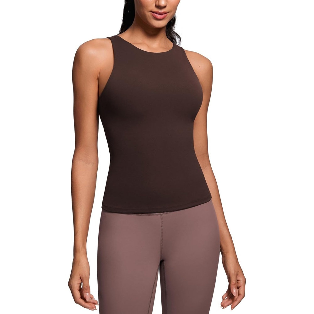 image:imageCRZ YOGA Butterluxe Workout Tank Tops for Women Racerback Padded High Neck Yoga Athletic Shirt with Built in BraHot Fudge Brown