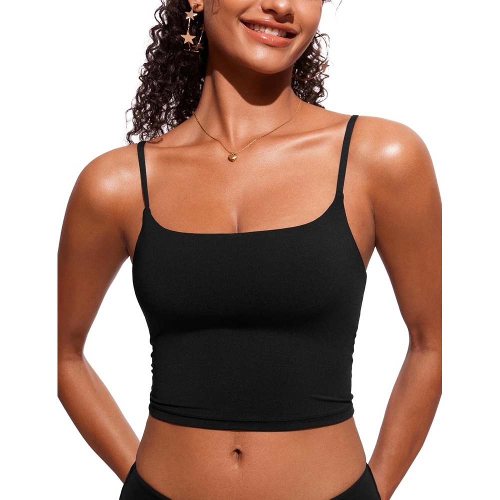 image:imageCRZ YOGA Cami Strap Bikini Tops for Women Padded Scoop Neck Longline Swimsuit Adjustable Bathing Suit Crop TankiniBlack