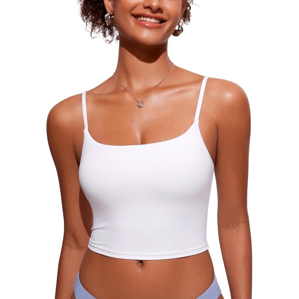 image:imageCRZ YOGA Cami Strap Bikini Tops for Women Padded Scoop Neck Longline Swimsuit Adjustable Bathing Suit Crop TankiniWhite