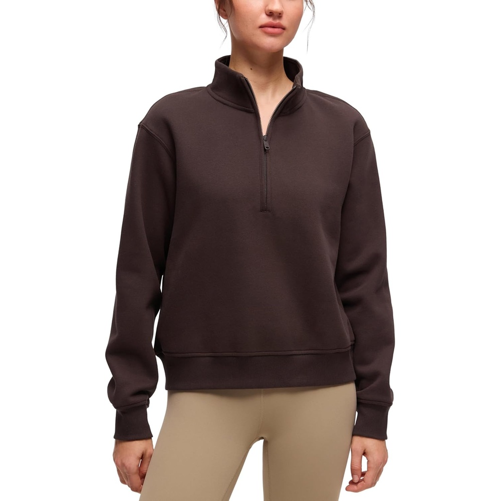 image:imageCRZ YOGA Cotton Fleece Lined Half Zip Sweatshirt for Women Pullover Funnel Neck Workout Casual Sweat Shirts with PocketHot Fudge Brown