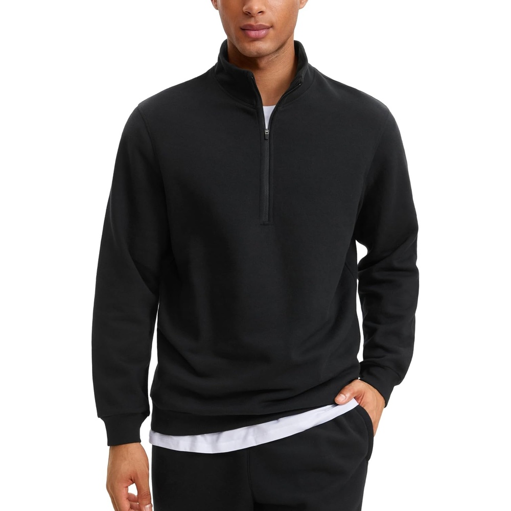image:imageCRZ YOGA Cotton Fleece Lined Half Zip Sweatshirts for Men Mock Neck Pullover Sweat Shirts Casual Workout Daily SweatersBlack