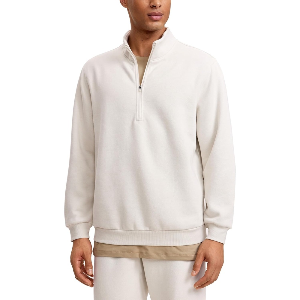 image:imageCRZ YOGA Cotton Fleece Lined Half Zip Sweatshirts for Men Mock Neck Pullover Sweat Shirts Casual Workout Daily SweatersMilky White Bone