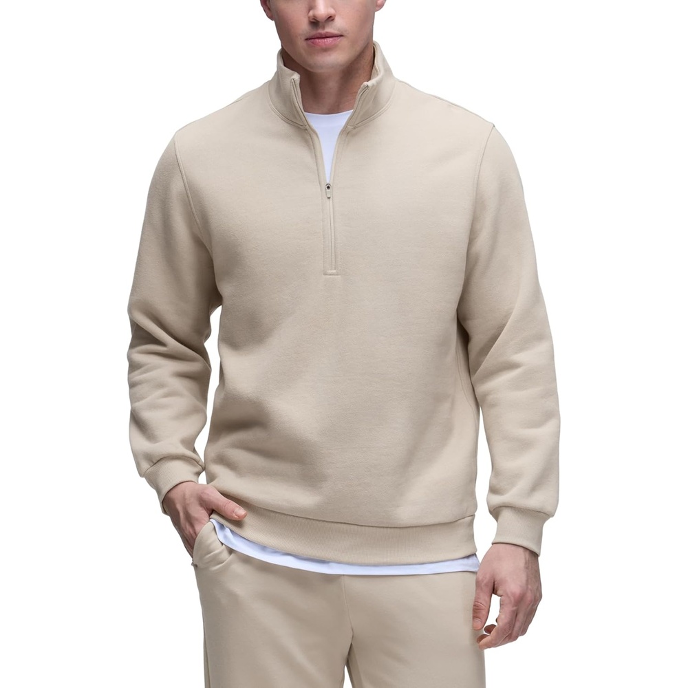 image:imageCRZ YOGA Cotton Fleece Lined Half Zip Sweatshirts for Men Mock Neck Pullover Sweat Shirts Casual Workout Daily SweatersMojave Tan