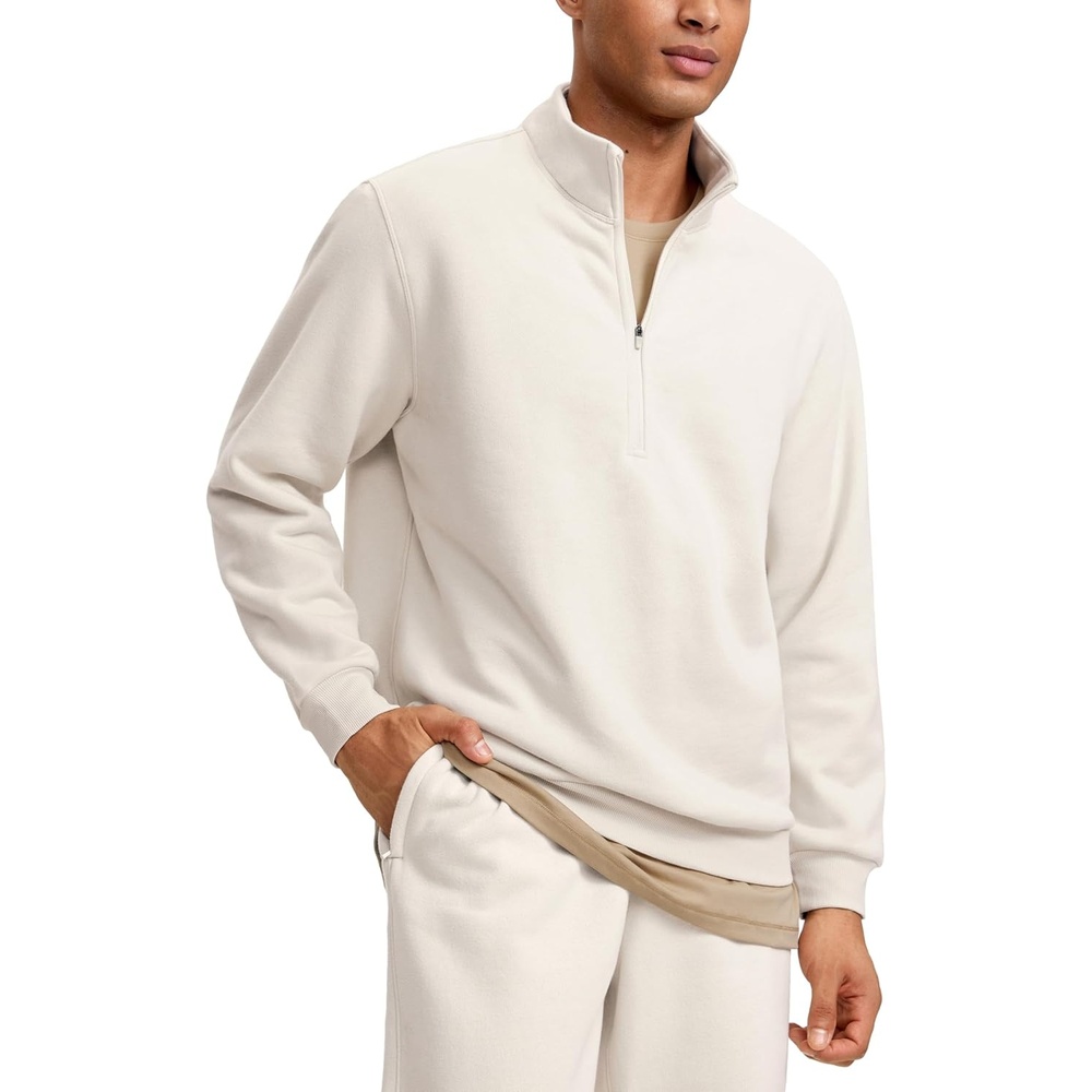 image:imageCRZ YOGA Cotton Fleece Lined Half Zip Sweatshirts for Men Mock Neck Pullover Sweat Shirts Casual Workout Daily SweatersWhite Apricot