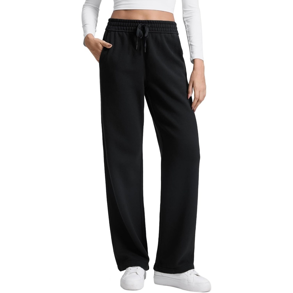 image:imageCRZ YOGA Cotton Fleece Lined Sweatpants Women 283032  Straight Leg Casual Lounge Pants with Pockets Winter WarmBlack