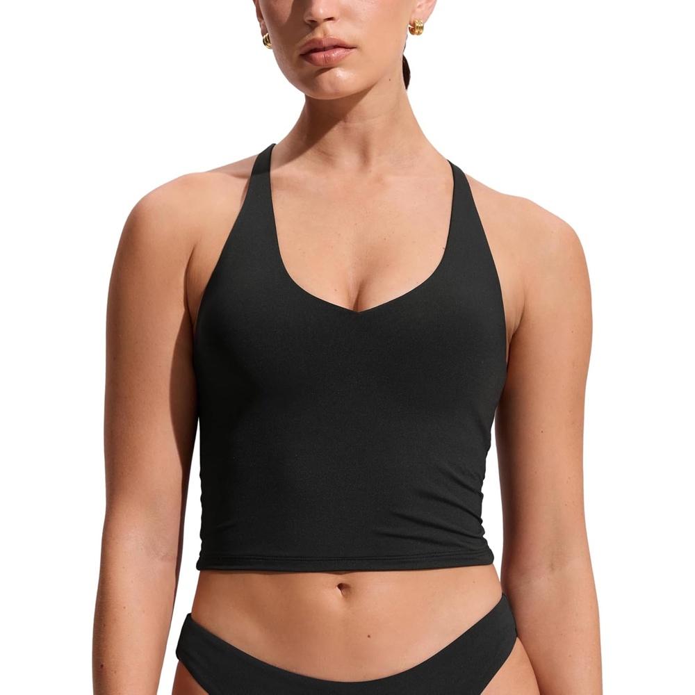 image:imageCRZ YOGA Criss Cross Back Tankini Tops for Women Padded V Neck Bathing Suit Crop Swim TankBlack