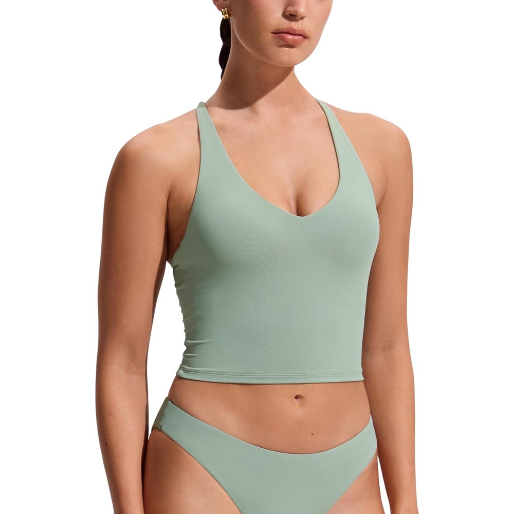image:imageCRZ YOGA Criss Cross Back Tankini Tops for Women  Padded V Neck Bathing Suit Crop Swim TankGreen Palm Court