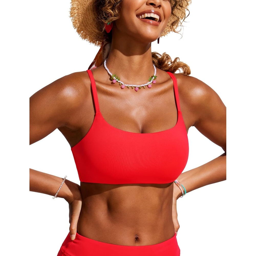 image:imageCRZ YOGA DDD Scoop Neck Bikini Tops for Women Padded Adjustable Spaghetti Straps Bathing Swimsuit Sports BraDeep Red