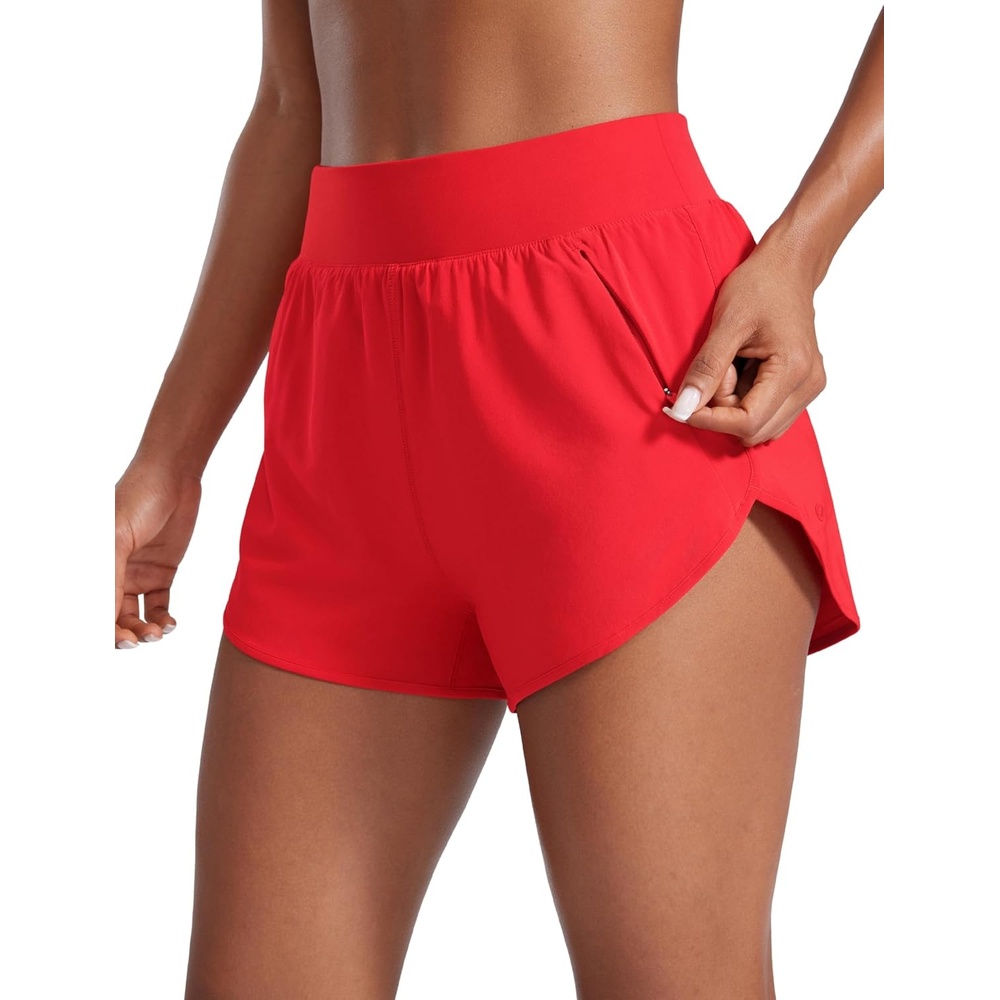 image:imageCRZ YOGA Dolphin Flat Waist Athletic Shorts for Women 3 High Rise Quick Dry for Running Workout Gym Track with Zip PocketsDeep Red